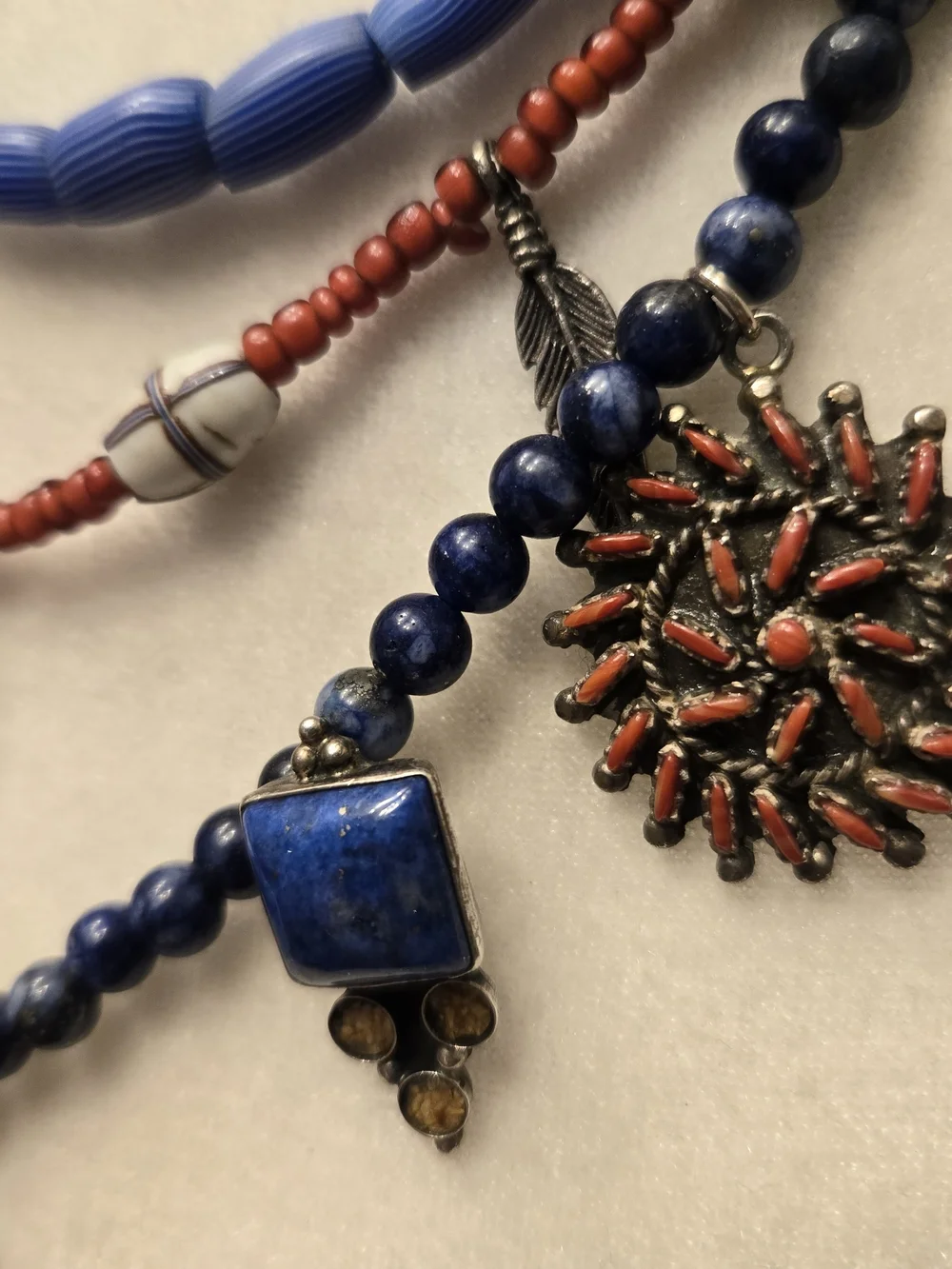 Vintage 925 Tasco Layered Blue & Coral Beaded Cross Necklace - Unbranded